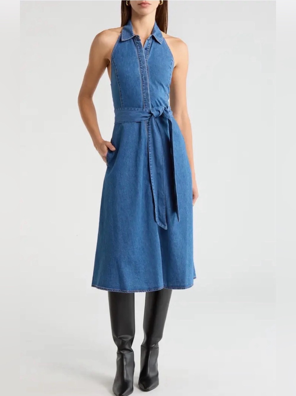 Alice + Olivia Denim Halter Tie-Waist Midi Dress in Blue